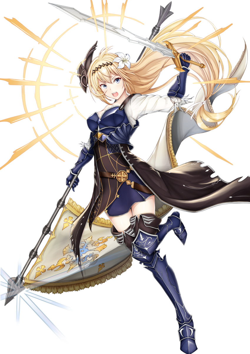 &gt;:( 1girl arm_up armor armored_dress bangs banner bare_shoulders belt black_legwear blonde_hair blue_eyes boots breastplate breasts cleavage detached_sleeves dress dual_wielding flag fleur_de_lis floating_hair flower frown full_body gauntlets granblue_fantasy greaves hair_between_eyes hair_flower hair_ornament headband highres holding holding_pole holding_sword holding_weapon jeanne_d'arc_(granblue_fantasy) large_breasts lavender_eyes leg_up lily_(flower) long_hair long_sleeves looking_at_viewer loose_belt low-tied_long_hair medium_breasts nekkusu_(nex_06) off_shoulder open_mouth overskirt purple_dress see-through_silhouette shirt short_dress sidelocks simple_background single_strap solo standing standing_on_one_leg sword thigh-highs thigh_boots thighs upper_teeth very_long_hair weapon white_background white_shirt