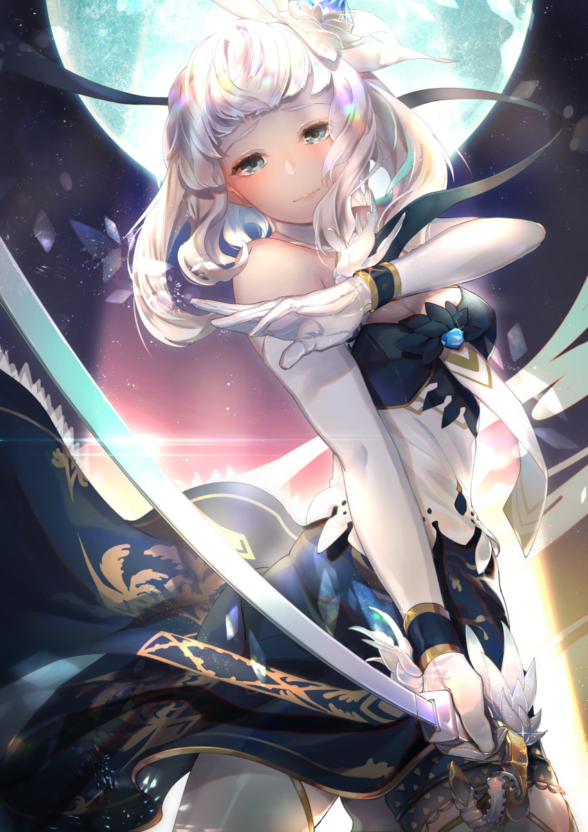 1girl bare_shoulders blue_eyes breasts dress elbow_gloves flower full_moon gloves hair_flower hair_ornament hand_up highres holding holding_sword holding_weapon long_hair looking_at_viewer medium_breasts moon night night_sky sdorica_-sunset- shun_(p-enguin) sione_aldric sky solo standing sword weapon white_gloves white_hair white_legwear