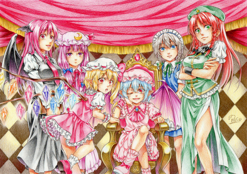 6+girls :d :o ;d argyle argyle_background armband ascot back bat_wings beret blonde_hair blue_dress blue_eyes blue_hair braid breasts brooch china_dress chinese_clothes closed_mouth collared_shirt colored_eyelashes crayon_(medium) crescent crescent_moon_pin crossed_arms curtains dress dress_shirt expressionless eyebrows_visible_through_hair eyelashes fang flandre_scarlet frilled_shirt frilled_skirt frills glowing glowing_wings green_dress green_eyes hair_between_eyes hair_ribbon hat head_wings highres hong_meiling izayoi_sakuya jewelry juliet_sleeves koakuma legs_crossed lips long_hair long_sleeves looking_at_viewer maid maid_headdress mob_cap multiple_girls necktie nora_wanko one_eye_closed open_mouth patchouli_knowledge pointy_ears puffy_short_sleeves puffy_sleeves purple_dress purple_hair red_eyes red_neckwear redhead remilia_scarlet ribbon shirt shoes short_sleeves side_ponytail side_slit sidelocks silver_hair sitting skirt skirt_set slit_pupils smile standing star striped striped_dress the_embodiment_of_scarlet_devil throne touhou tress_ribbon twin_braids v_arms vertical_stripes vest violet_eyes white_shirt wings wrist_cuffs wristband