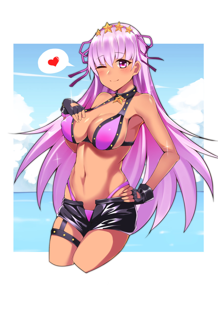 1girl ;) absurdres bangs bare_shoulders bb_(fate)_(all) bb_(swimsuit_mooncancer)_(fate) bikini black_gloves black_shorts blue_sky blush breasts cleavage closed_mouth clouds cloudy_sky commentary_request covered_nipples cropped_legs day eyebrows_visible_through_hair fate/grand_order fate_(series) fingerless_gloves gloves groin gyaru hair_between_eyes hair_ornament hair_ribbon hand_on_hip heart highres horizon large_breasts long_hair looking_at_viewer meng_ge_3_(565571710) navel ocean one_eye_closed open_clothes open_fly open_shorts purple_bikini purple_hair purple_ribbon revision ribbon short_shorts shorts sky smile solo spoken_heart star star_hair_ornament swimsuit tan very_long_hair violet_eyes water