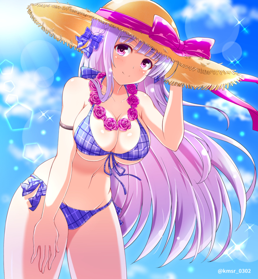 1girl alternate_costume arm_strap ass_visible_through_thighs azur_lane bangs beach bikini blue_sky blush breasts cleavage clouds collarbone cygnet_(azur_lane) day eyebrows_visible_through_hair floating_hair groin hair_ribbon hand_on_headwear hat highres kamishiro_(rsg10679) large_breasts leaning_forward long_hair looking_at_viewer navel outdoors plaid plaid_bikini plaid_ribbon purple_bikini purple_ribbon ribbon sand side-tie_bikini sidelocks skindentation sky smile solo sparkle stomach straw_hat swimsuit thighs twitter_username violet_eyes wind