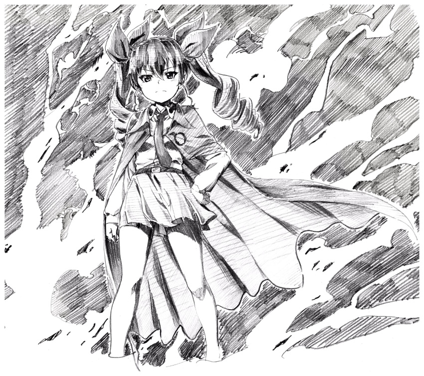 1girl anchovy belt bow cape collared_shirt commentary_request drill_hair eyebrows_visible_through_hair feet_out_of_frame floating_hair girls_und_panzer greyscale hair_bow hand_on_hip highres long_hair long_sleeves looking_at_viewer monochrome necktie pink_x shirt skirt solo twin_drills wing_collar