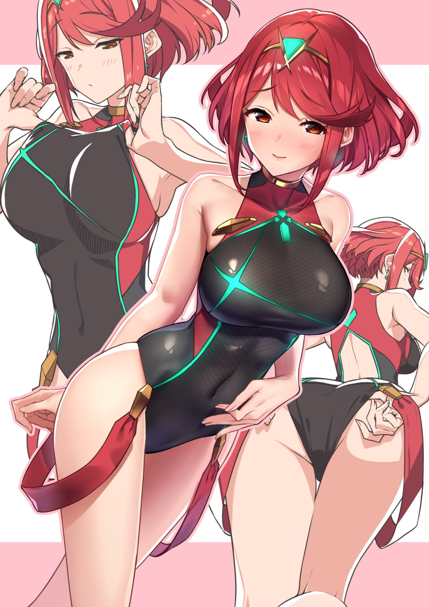 1girl absurdres adjusting_clothes adjusting_swimsuit ass baffu bangs bare_shoulders black_swimsuit breasts covered_navel earrings eyebrows_visible_through_hair hairband hand_on_own_stomach highres pyra_(xenoblade) jewelry large_breasts lifted_by_self multiple_views nintendo one-piece_swimsuit red_eyes redhead short_hair sidelocks smile swept_bangs swimsuit swimsuit_lift xenoblade_(series) xenoblade_2