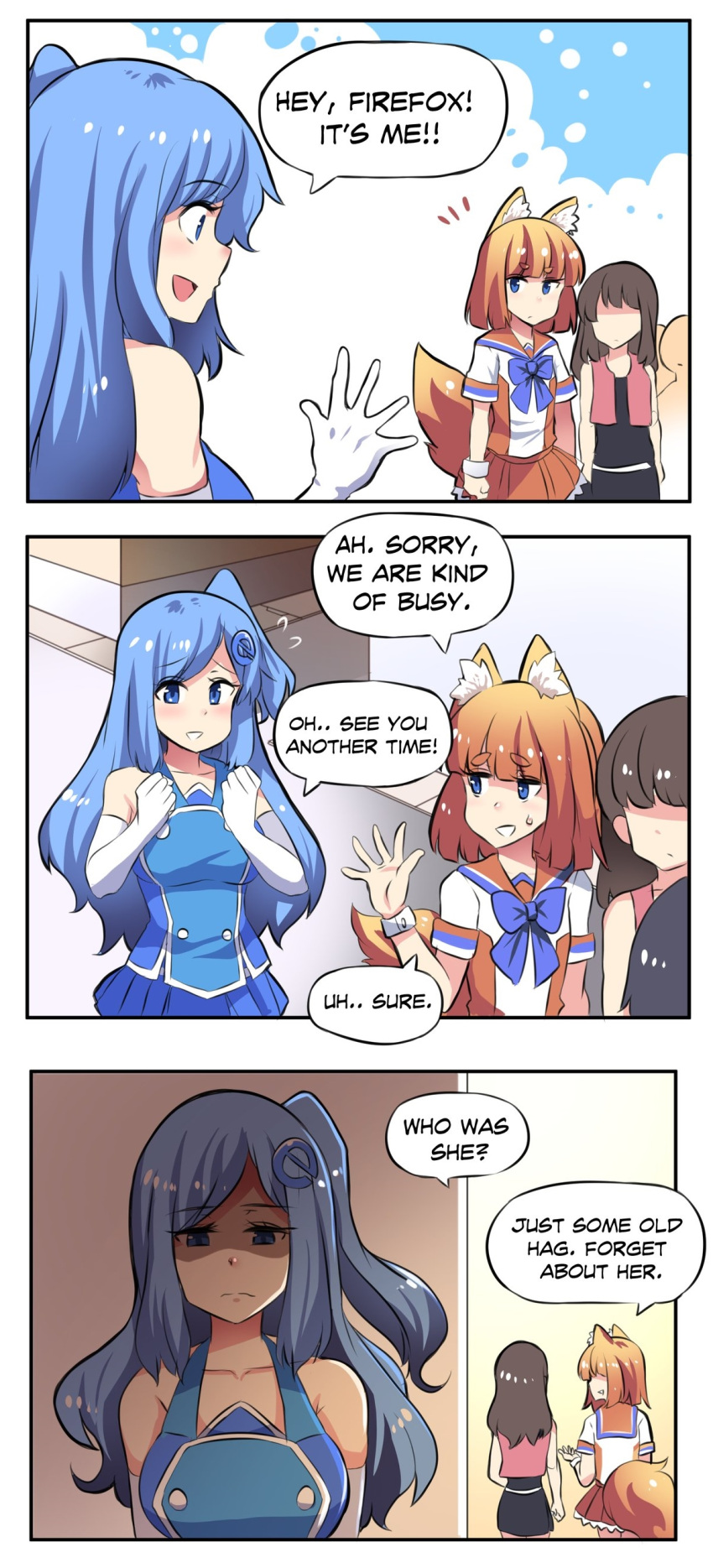 3girls 3koma absurdres animal_ears bangs blue_eyes blue_hair breasts comic elbow_gloves english firefox firefox_(browser) flat_chest fox_ears fox_tail gloves highres internet_explorer large_breasts long_hair medium_hair microsoft multiple_girls one_side_up os-tan osiimi personification sad sailor_collar stitched tail third-party_edit white_gloves