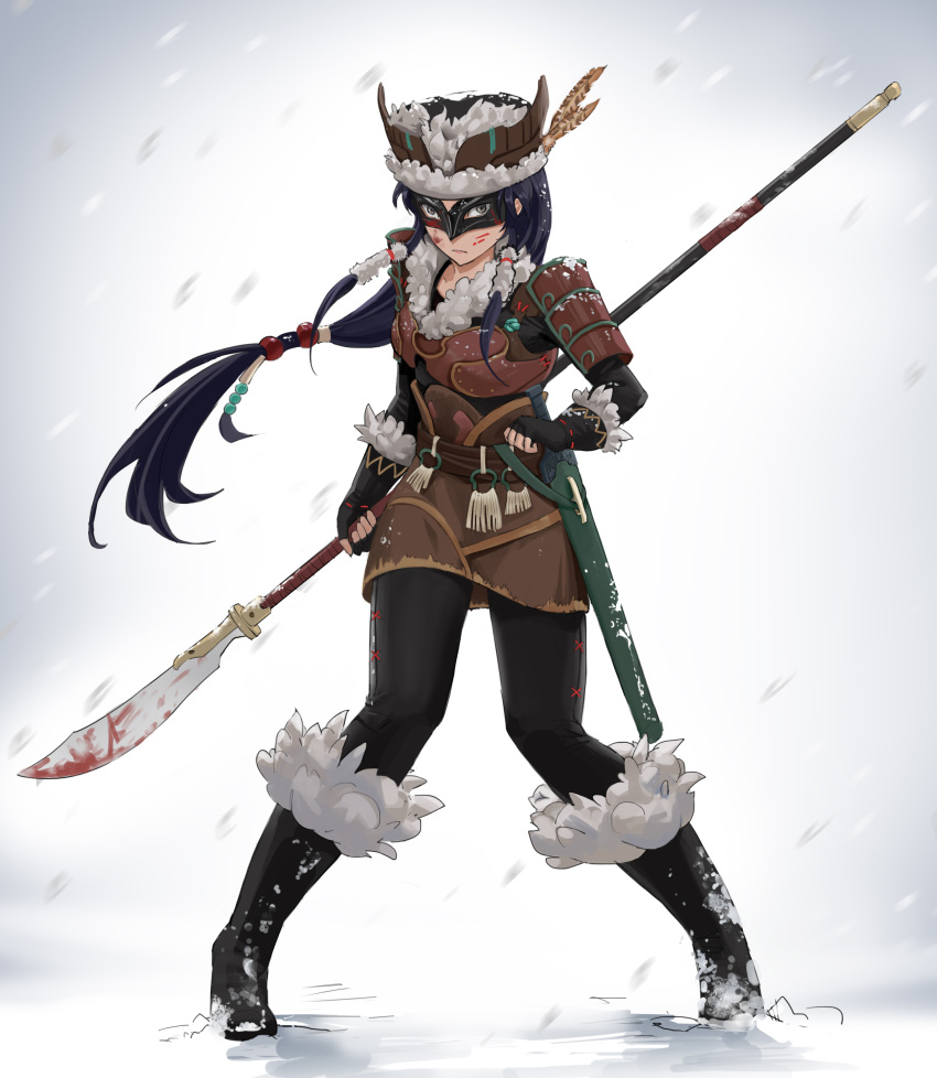 1girl absurdres armor black_hair facial_mark glaive highres long_hair mask original skirt snow solo sword weapon whisker_markings youguang_liangliang
