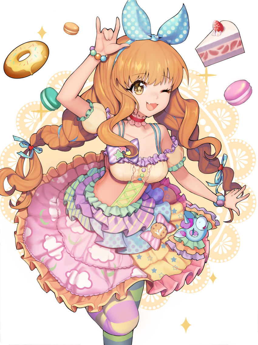 1girl ;3 ;d \m/ absurdres bangs bare_shoulders blue_hairband bow braid brown_eyes brown_hair cake collarbone colorful cookie corset detached_sleeves doughnut dress eyebrows_visible_through_hair food frilled_dress frilled_sleeves frills hair_ribbon hairband heart highres idolmaster idolmaster_cinderella_girls idolmaster_cinderella_girls_starlight_stage long_hair looking_at_viewer macaron monini moroboshi_kirari multicolored multicolored_clothes multicolored_dress multicolored_legwear one_eye_closed open_mouth polka_dot polka_dot_bow ribbon short_sleeves smile solo spaghetti_strap sparkle standing standing_on_one_leg star star-shaped_pupils striped striped_legwear symbol-shaped_pupils twin_braids very_long_hair