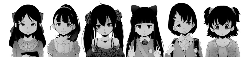 6+girls akagi_miria animal_ears animal_print backpack bag bangs bare_shoulders bell bell_collar cat_ears child closed_mouth collar collarbone crime_prevention_buzzer expressionless fukuyama_mai greyscale hair_between_eyes hair_ornament hair_ribbon heart heart_necklace highres holding idolmaster idolmaster_cinderella_girls jpeg_artifacts kindergarten leopard_print long_hair long_image looking_at_viewer looking_to_the_side matoba_risa monochrome multiple_girls open_mouth pina_korata ponytail ribbon sajou_yukimi sasaki_chie shadow short_hair sidelocks simple_background smile tachibana_arisu takatoo_kurosuke twintails v very_long_hair white_background wide_image