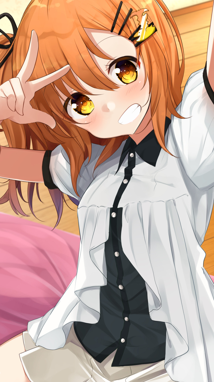 1girl absurdres arms_up bangs bed_sheet black_ribbon black_shirt blush breasts brown_eyes brown_hair collared_shirt commentary_request dress_shirt eyebrows_visible_through_hair grey_skirt grin hair_between_eyes hair_ornament hair_ribbon hairclip highres indoors long_hair looking_at_viewer one_side_up original pleated_skirt puffy_short_sleeves puffy_sleeves reaching_out ribbon sasahara_wakaba self_shot shirt short_sleeves sitting skirt small_breasts smile solo v white_shirt wooden_floor