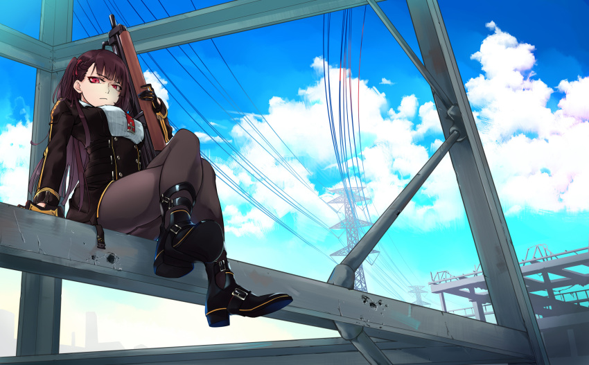 1girl arm_support bangs bipod black_footwear black_gloves black_legwear black_skirt blazer blue_sky breasts bullpup closed_mouth clouds day eyebrows_visible_through_hair framed_breasts from_below girls_frontline gloves gun hair_ribbon half_updo high-waist_skirt highres holding holding_gun holding_weapon jacket large_breasts legs_crossed long_hair looking_at_viewer miki06 necktie one_side_up outdoors pantyhose power_lines purple_hair red_eyes red_neckwear ribbon rifle shirt shoes sitting skirt sky sniper_rifle solo striped striped_shirt tsurime very_long_hair wa2000_(girls_frontline) walther walther_wa_2000 weapon