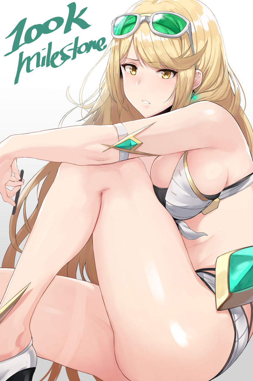 1girl absurdres adapted_costume alternate_costume armlet bangs bare_legs bikini blonde_hair breasts cleavage earrings eyewear_on_head front-tie_bikini front-tie_top gradient gradient_background hews_hack highres mythra_(xenoblade) jewelry large_breasts long_hair long_sleeves looking_at_viewer multi-strapped_bikini nintendo paid_reward parted_lips patreon_reward simple_background sitting solo sunglasses swept_bangs swimsuit tan tanline very_long_hair white_bikini xenoblade_(series) xenoblade_2 yellow_eyes
