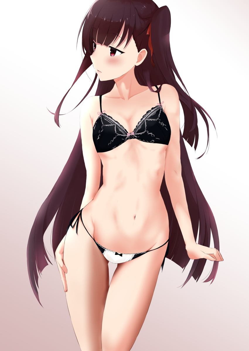 1girl absurdres alternate_breast_size bangs bare_shoulders blush bow bow_bra bow_panties bra breasts cleavage collarbone cowboy_shot eyebrows_visible_through_hair girls_frontline gradient gradient_background groin hand_on_own_thigh highres lingerie long_hair looking_away medium_breasts navel one_side_up open_mouth panties purple_hair recia red_eyes red_ribbon ribbon ribs side-tie_panties simple_background solo stomach thighs underwear underwear_only very_long_hair wa2000_(girls_frontline)