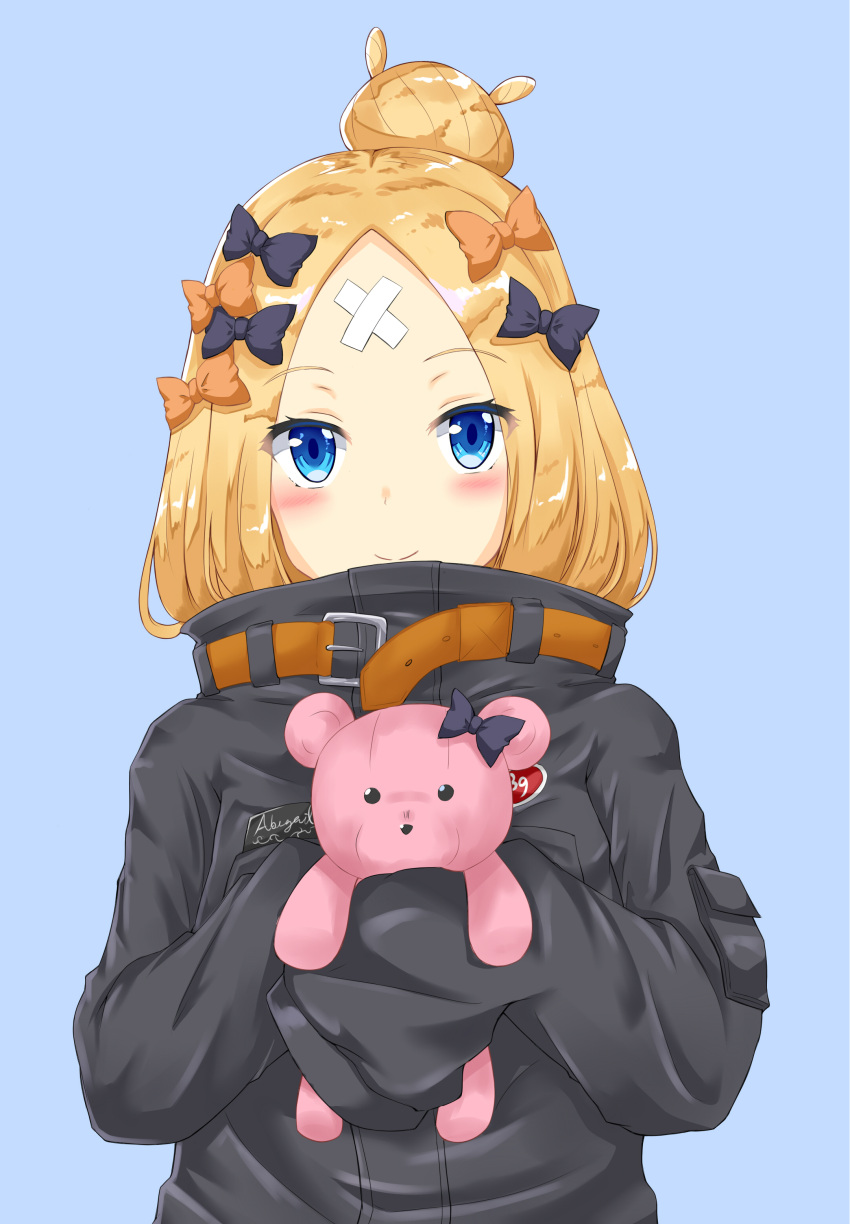 1girl abigail_williams_(fate/grand_order) absurdres ainna_(kekai) bangs black_bow black_jacket blonde_hair blue_background blue_eyes blush bow character_name closed_mouth commentary crossed_bandaids eyebrows_visible_through_hair fate/grand_order fate_(series) hair_bow hair_bun heroic_spirit_traveling_outfit highres jacket long_hair long_sleeves object_hug orange_bow parted_bangs polka_dot polka_dot_bow revision simple_background sleeves_past_fingers sleeves_past_wrists smile solo stuffed_animal stuffed_toy teddy_bear