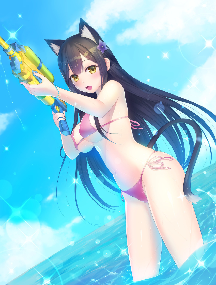 1girl absurdres animal_ears bikini blue_hair breasts cat_ears cat_tail dutch_angle flower hair_flower hair_ornament highres kashiwamochi_yomogi large_breasts long_hair looking_at_viewer nijisanji ocean older open_mouth shizuka_rin side-tie_bikini sky smile sparkle swimsuit tagme tail virtual_youtuber water_gun yellow_eyes