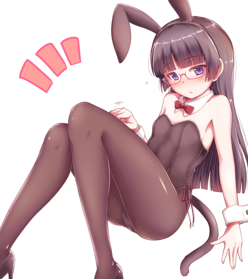 1girl animal_ears bespectacled black_footwear black_hair black_legwear black_leotard bow bowtie bunny_girl bunnysuit cat_tail detached_collar feet_out_of_frame flat_chest glasses gokou_ruri herunin high_heels highres leotard long_hair mole mole_under_eye ore_no_imouto_ga_konna_ni_kawaii_wake_ga_nai pantyhose rabbit_ears red-framed_eyewear red_neckwear semi-rimless_eyewear simple_background sitting solo strapless strapless_leotard tail under-rim_eyewear violet_eyes white_background wrist_cuffs