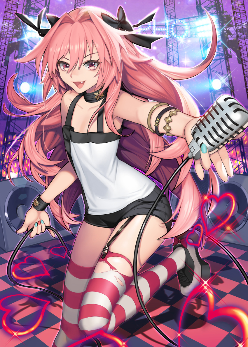 &gt;:d 1boy absurdres alternate_costume alternate_hairstyle astolfo_(fate) bangs bare_shoulders black_bow black_collar black_shorts blue_nails bow bracelet cable checkered checkered_floor collarbone fang fate/grand_order fate_(series) garter_straps hair_between_eyes hair_bow hair_intakes heart highres idol jewelry long_hair microphone monini multicolored multicolored_nails nail_polish otoko_no_ko pink_eyes pink_hair red_nails shirt short_shorts shorts solo stage standing standing_on_one_leg striped striped_legwear tank_top thigh-highs thighs torn_clothes torn_thighhighs very_long_hair white_shirt