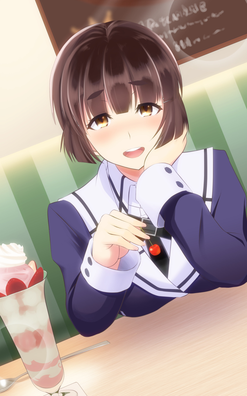 1girl :d breast_rest breasts brown_eyes brown_hair cherry chin_rest commentary_request cup dutch_angle eyebrows_visible_through_hair food fruit glass hair_ornament hairclip hellpart highres holding holding_fruit ice_cream kantai_collection light_blush looking_at_viewer myoukou_(kantai_collection) open_mouth short_eyebrows short_hair smile solo spoon sundae table