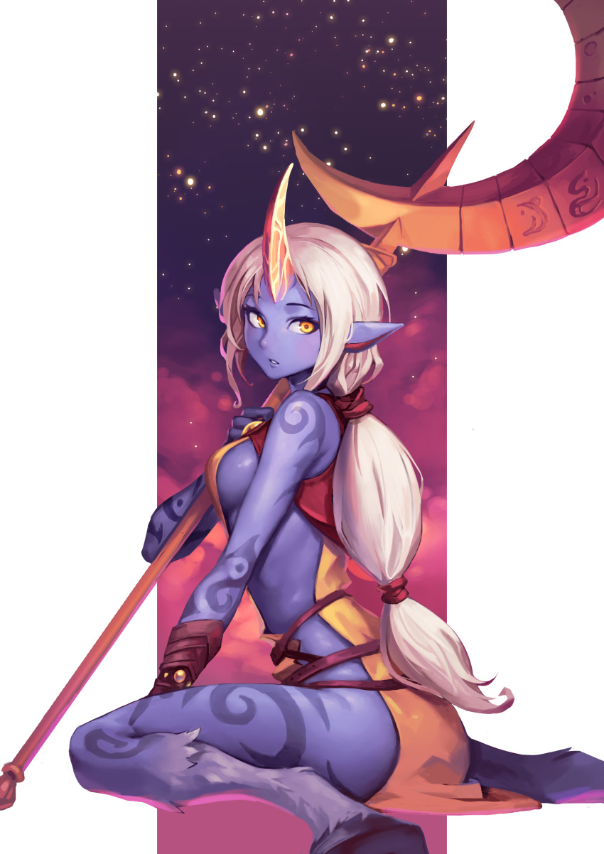 1girl absurdres blue_skin breasts clouds crescent dress from_side highres holding hooves horn league_of_legends long_hair looking_at_viewer looking_to_the_side low-tied_long_hair medium_breasts oopartz_yang parted_lips pelvic_curtain pointy_ears sideboob sitting sky solo soraka star_(sky) starry_sky very_long_hair wariza white_hair yellow_dress yellow_eyes