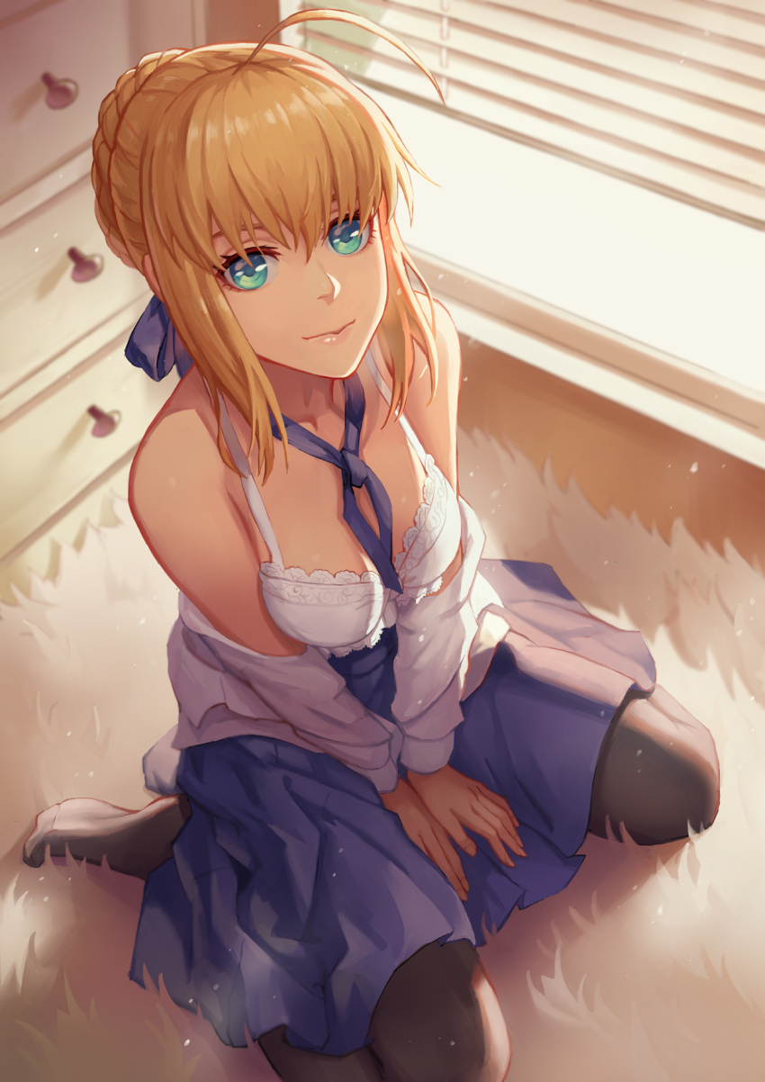 1girl animal_ears artoria_pendragon_(all) bare_shoulders between_legs black_legwear blonde_hair blue_eyes blue_neckwear blue_ribbon blue_skirt bra braid breasts carpet cleavage closed_mouth commentary_request day fate/stay_night fate_(series) from_above hair_ribbon hand_between_legs highres indoors long_sleeves looking_at_viewer looking_up medium_breasts mool_yueguang neck_ribbon no_shoes off_shoulder on_floor open_clothes open_shirt own_hands_together pantyhose partial_commentary pink_lips ribbon saber shelf shirt short_hair sidelocks sitting skirt smile solo underwear wariza white_bra white_shirt windowsill