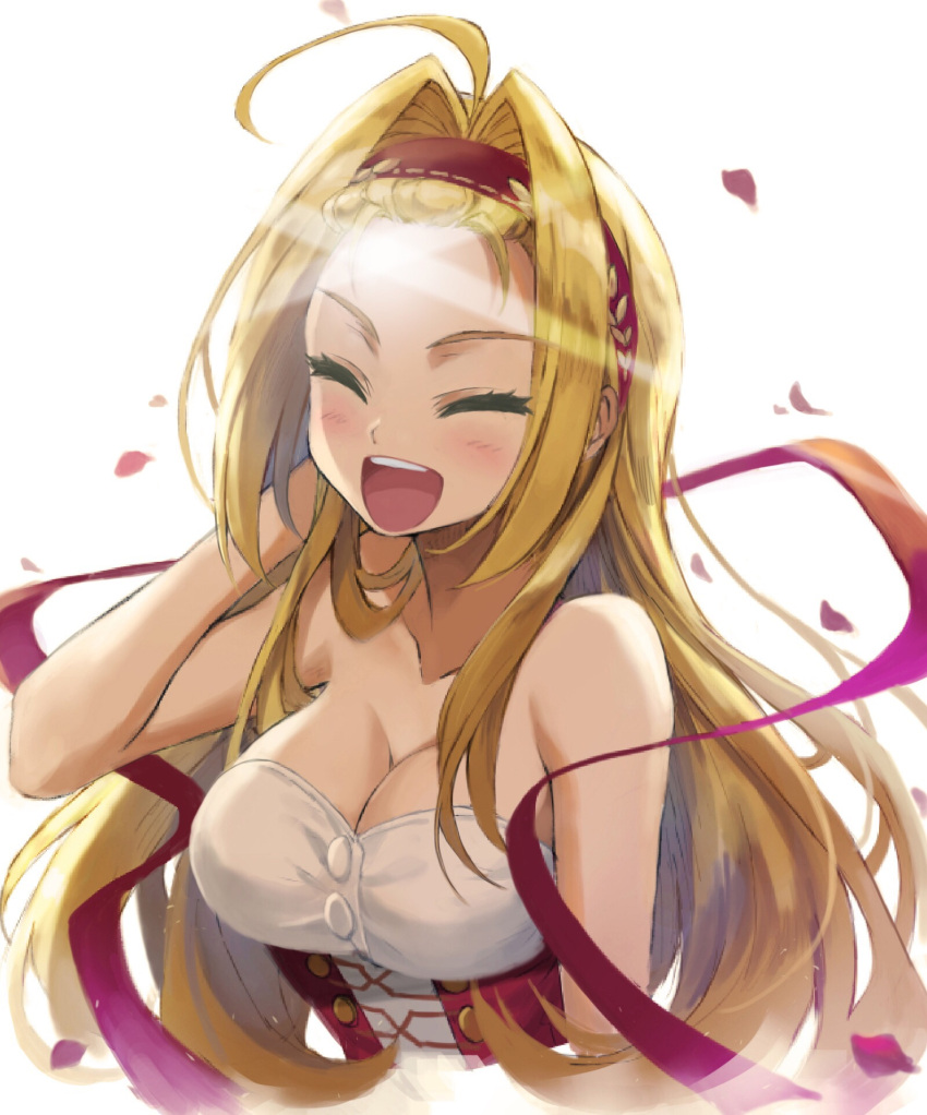 1girl :d ^_^ ahoge alternate_hairstyle bangs_pinned_back bare_shoulders blush breasts bustier cleavage closed_eyes closed_eyes closed_mouth commentary cropped_torso dekopin english_commentary facing_viewer fate/extra fate_(series) forehead hair_down hair_intakes hand_in_hair hand_up headband highres large_breasts long_hair nero_claudius_(fate) nero_claudius_(fate)_(all) open_mouth petals red_string rose_petals round_teeth shiny shiny_hair simple_background smile solo string teeth tonee upper_body upper_teeth very_long_hair white_background
