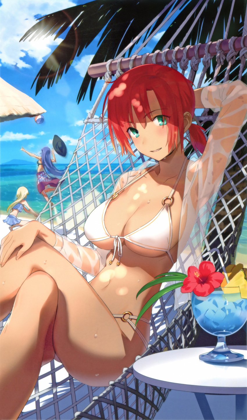 3girls absurdres aqua_eyes arm_behind_head ball beach beachball bikini blue_eyes blue_hair blue_hawaii blue_sky boudica_(fate/grand_order) breasts cleavage clouds cropped cup day drinking_glass drinking_straw fate/grand_order fate_(series) flower hammock hat hibiscus highres jumping kinuta_kouji large_breasts legs_crossed marie_antoinette_(fate/grand_order) marie_antoinette_(swimsuit_caster)_(fate) multiple_girls navel o-ring o-ring_bikini ocean outdoors pineapple_slice ponytail redhead saint_martha saint_martha_(swimsuit_ruler)_(fate) scan see-through shining_goddess sky smile solo_focus swimsuit tropical_drink volleyball white_hair