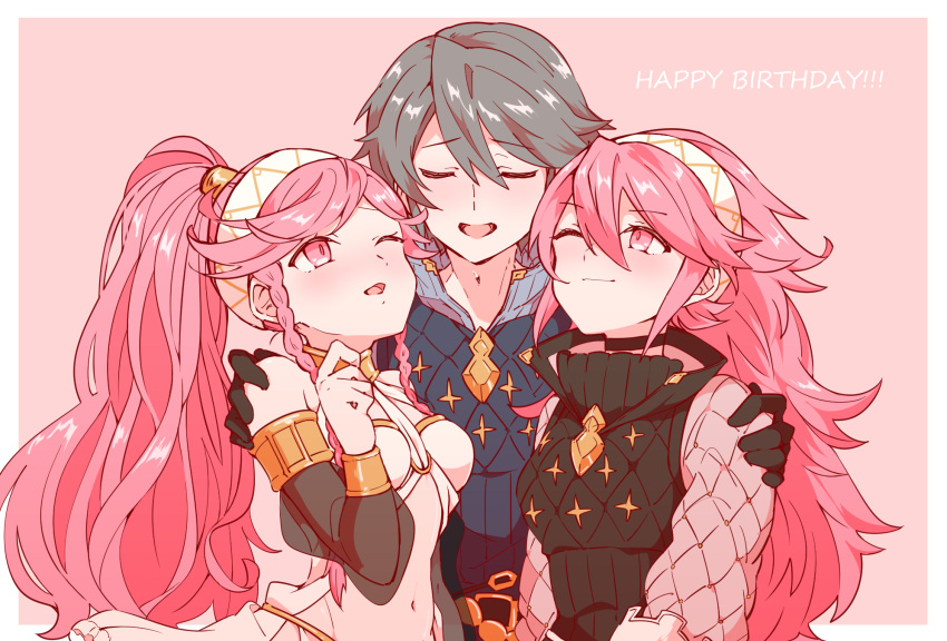 1boy 2girls black_gloves braid closed_eyes closed_mouth family father_and_daughter fire_emblem fire_emblem:_kakusei fire_emblem_if gloves grandmother_and_granddaughter grey_hair hairband happy_birthday highres kona_(rabbitrabbit2037) lazward_(fire_emblem_if) long_hair long_sleeves midriff mother_and_son multiple_girls navel nintendo olivia_(fire_emblem) one_eye_closed open_mouth pink_background pink_eyes pink_hair ponytail see-through short_hair simple_background soleil_(fire_emblem_if) twin_braids white_hairband