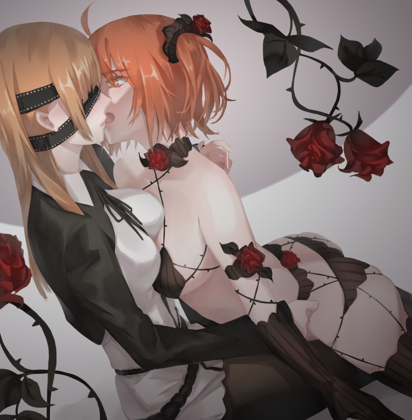 2girls ahoge ass black_bra black_legwear black_panties black_pants black_ribbon bra breasts brown_hair choker eyepatch fate/grand_order fate_(series) flower from_side fujimaru_ritsuka_(female) garter_straps grey_background hair_flower hair_ornament halterneck highres imminent_kiss long_hair medium_breasts multiple_girls neck_ribbon ophelia_phamrsolone orange_hair panties pants red_flower red_rose ribbon rose shiny shiny_hair short_hair side_ponytail sideboob striped striped_legwear thigh-highs tsushima_touko underwear vertical-striped_legwear vertical_stripes yellow_eyes yuri