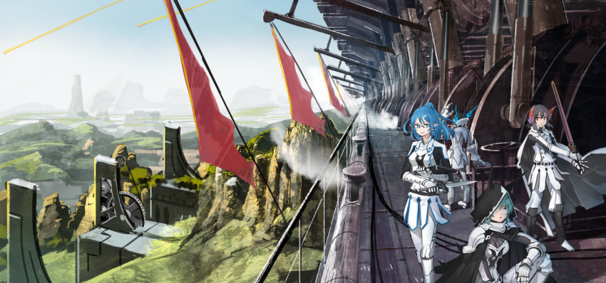 3girls aircraft airship black_hair blue_hair blue_sky cape commentary_request day fog gears gloves green_eyes green_hair hair_ornament hairclip holding holding_sword holding_weapon hood hood_up horns multiple_girls nagi_itsuki outdoors pants pixiv_fantasia pixiv_fantasia_t pointy_ears red_eyes skirt sky smile smoke squatting standing sword weapon white_cape white_gloves white_pants white_skirt