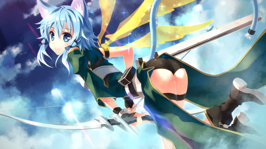 1girl absurdres animal_ears arched_back arrow ass black_gloves blue_eyes blue_hair boots bow_(weapon) cat_ears cat_tail clouds fingerless_gloves from_behind gloves hair_ornament hairclip highres looking_at_viewer looking_back scan shinon_(sao-alo) short_hair short_shorts shorts sinon sky solo sparkle sword sword_art_online tail weapon wings yuuki_tatsuya
