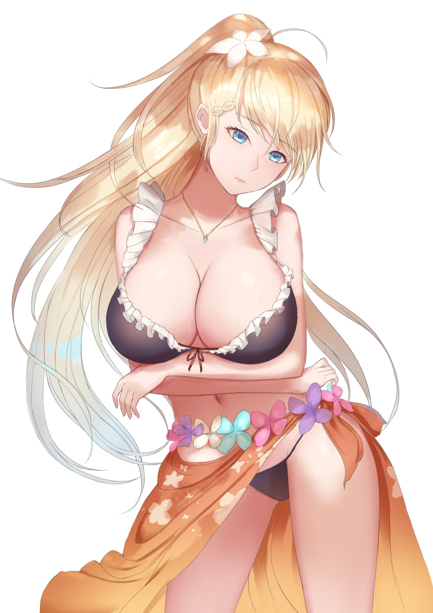 1girl absurdres ahoge alternate_costume alternate_hairstyle arms_under_breasts bangs bikini black_bikini blonde_hair blue_eyes blush braid breasts cleavage closed_mouth collarbone crown_braid eyebrows_visible_through_hair flower g36_(girls_frontline) girls_frontline gradient_hair groin hair_between_eyes hair_flower hair_ornament head_tilt highres jewelry large_breasts long_hair looking_at_viewer maid_bikini multicolored_hair navel necklace ponytail rinmmo sapphire_(stone) sarong sidelocks silver_hair simple_background solo standing stomach swimsuit thighs very_long_hair white_background