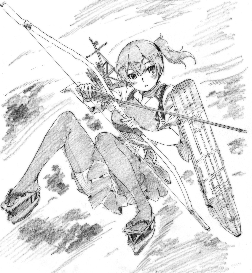 1girl absurdres arrow blush bow_(weapon) breasts commentary_request flight_deck gloves greyscale highres holding holding_bow_(weapon) holding_weapon kaga_(kantai_collection) kantai_collection large_breasts looking_at_viewer mast monochrome muneate one_side_up parted_lips pink_x platform_footwear pleated_skirt sandals short_sleeves single_glove skirt solo thigh-highs weapon wide_sleeves
