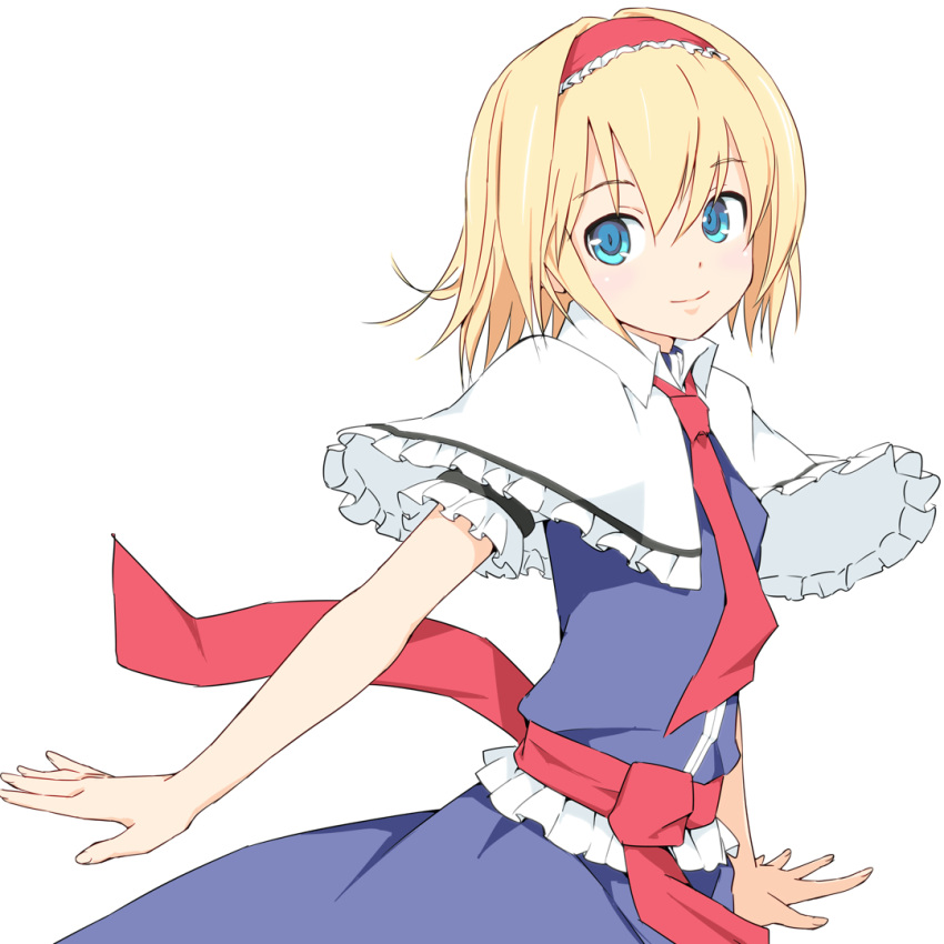 1girl alice_margatroid blonde_hair blue_dress blue_hair capelet closed_mouth collar commentary_request cowboy_shot dress eyebrows_visible_through_hair frilled_sleeves frills hairband lolita_hairband necktie red_neckwear sash short_sleeves smile solo soukun_s touhou white_background white_capelet
