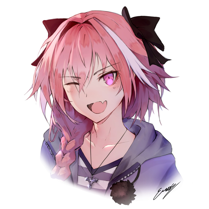 1boy ;d absurdres astolfo_(fate) bangs black_bow black_ribbon bow braid collarbone commentary english_commentary erospanda eyebrows_visible_through_hair fang fate/apocrypha fate_(series) hair_between_eyes hair_bow hair_intakes hair_over_shoulder hair_ribbon head_tilt highres hood hood_down hoodie long_hair looking_at_viewer male_focus multicolored_hair one_eye_closed open_clothes open_hoodie open_mouth otoko_no_ko pink_eyes pink_hair pom_pom_(clothes) portrait purple_hoodie purple_shirt revision ribbon shirt sidelocks signature simple_background single_braid smile solo streaked_hair striped striped_shirt tsurime white_background white_shirt zipper