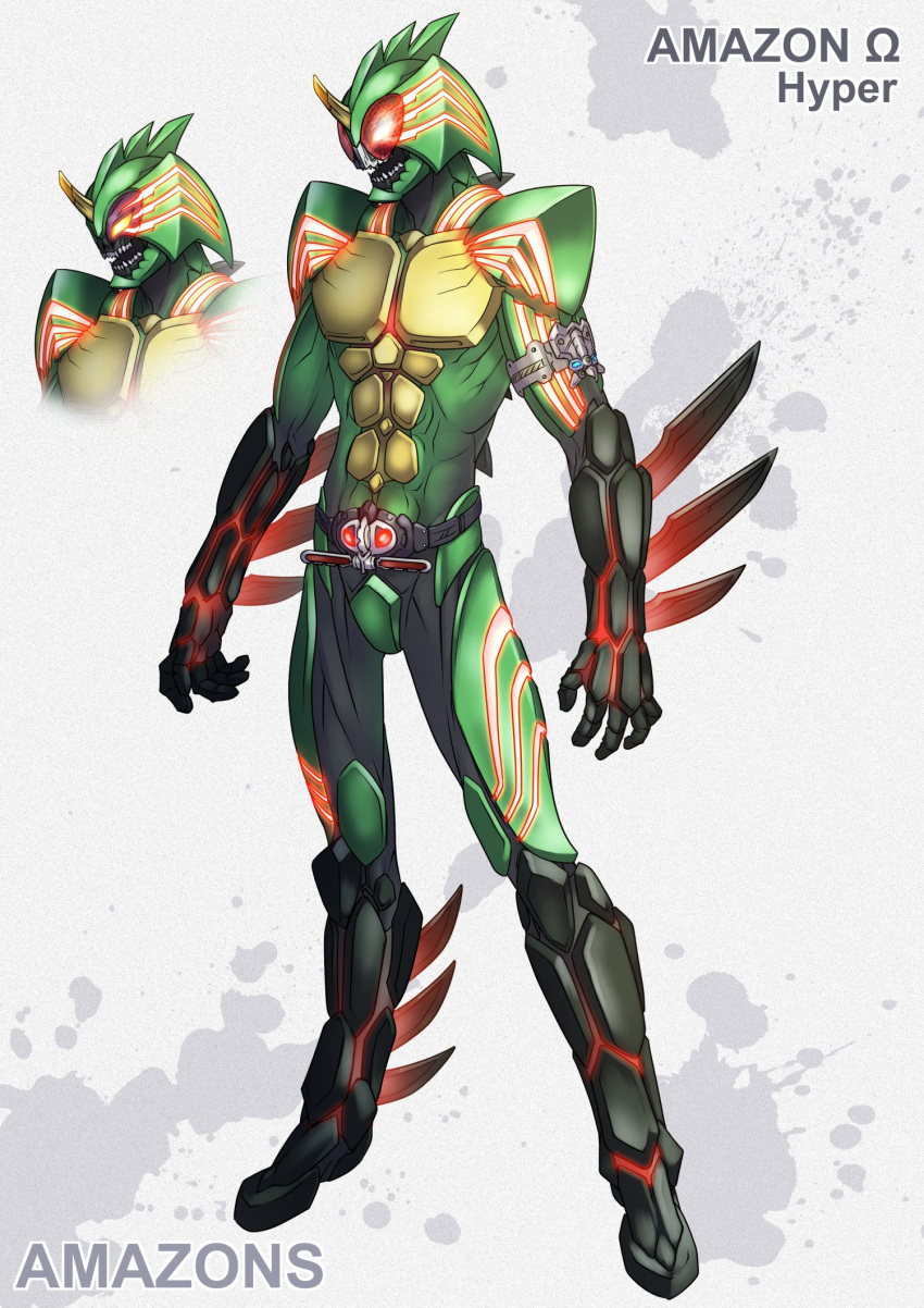 1boy arm_blade armor belt compound_eyes fang fins full_body glowing glowing_eyes helmet highres horn horns kamen_rider kamen_rider_amazon_omega kamen_rider_amazons male_focus monster mugi30007073 muscle no_humans open_mouth red_eyes rider_belt round_teeth sharp_teeth solo standing teeth visor weapon