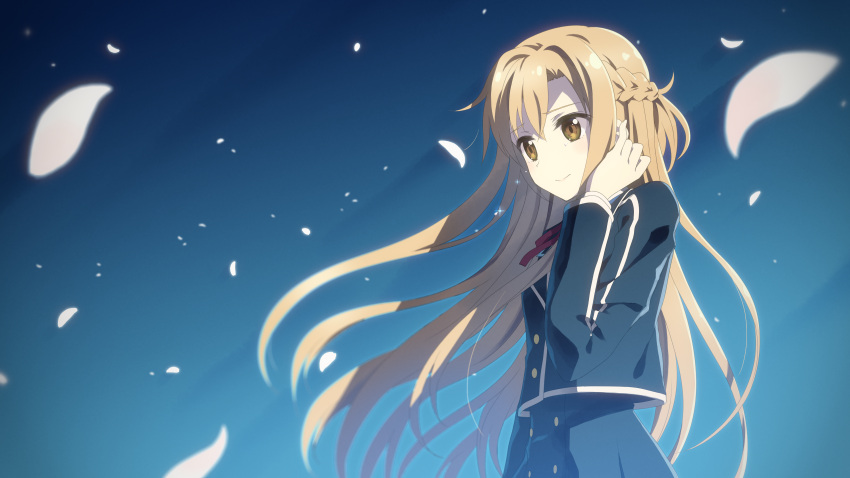 1girl absurdres asuna_(sao) blazer braid brown_eyes brown_hair half_updo highres jacket long_hair petals scan school_uniform solo sword_art_online tears wallpaper yuuki_tatsuya