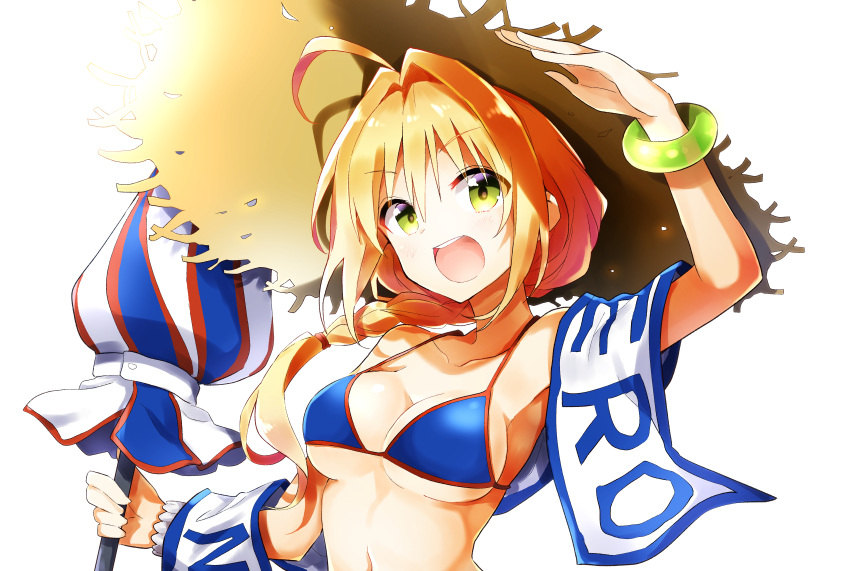 1girl :d absurdres ahoge arm_up bangs bare_shoulders beach_umbrella bikini blonde_hair blue_bikini blush braid breasts cleavage collarbone commentary_request cosplay eyebrows_visible_through_hair fate/grand_order fate_(series) hair_between_eyes hair_intakes hat head_tilt highres holding holding_umbrella long_hair looking_at_viewer medium_breasts nanakusa_amane navel nero_claudius_(fate) nero_claudius_(fate)_(all) open_mouth round_teeth saliva simple_background single_braid smile solo straw_hat swimsuit tamamo_(fate)_(all) tamamo_no_mae_(swimsuit_lancer)_(fate) tamamo_no_mae_(swimsuit_lancer)_(fate)_(cosplay) teeth umbrella upper_body upper_teeth v-shaped_eyebrows white_background