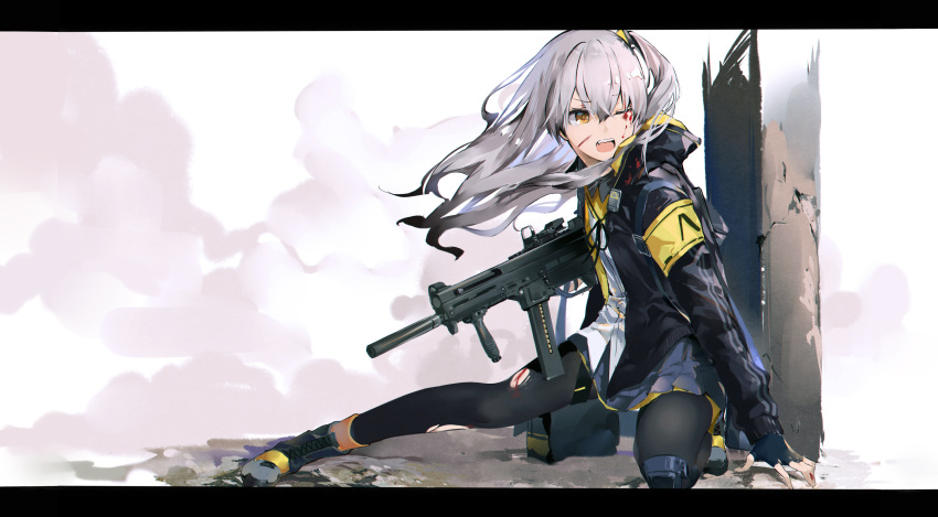 1girl absurdres arm_support bangs black_footwear black_gloves black_jacket black_legwear blood blue_skirt boots brown_eyes commentary_request cuts eyebrows_visible_through_hair fang fingerless_gloves girls_frontline gloves gun h&amp;k_ump45 hair_between_eyes highres holding holding_gun holding_weapon injury jacket letterboxed long_hair one_eye_closed one_side_up open_clothes open_jacket open_mouth pantyhose pleated_skirt revision shirt silver_hair skirt solo torn_clothes torn_pantyhose ump45_(girls_frontline) v-shaped_eyebrows very_long_hair weapon white_shirt yamano_(yamanoh)