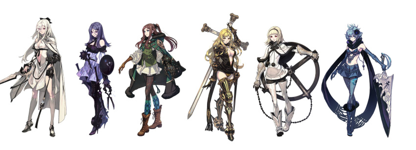6+girls absurdres armor armpits bare_shoulders black_footwear black_ribbon black_scarf blonde_hair blue_legwear blue_skirt boots braid breasts brown_footwear brown_gloves brown_hair brown_panties cape capelet chains cleavage closed_mouth commentary_request copyright_request drag-on_dragoon drag-on_dragoon_3 dress facial_mark five_(drag-on_dragoon) flower forehead_mark four_(drag-on_dragoon) gauntlets gloves green_cape green_eyes hair_between_eyes hair_ornament hair_ribbon hairband high_heel_boots high_heels highres holding holding_sword holding_weapon hood hood_down hooded_cape huge_weapon kotatsu_(g-rough) latin_cross long_hair looking_at_viewer medium_breasts metal_boots mikhail_(drag-on_dragoon) miniskirt multiple_girls navel one_(drag-on_dragoon) one_side_up panties pantyhose parted_lips pink_eyes purple_dress purple_footwear purple_hair red_eyes ribbon scarf scissors shield short_dress shoulder_armor simple_background single_gauntlet skirt smile spaulders standing sword thigh-highs thigh_boots three_(drag-on_dragoon) two_(drag-on_dragoon) underwear vest violet_eyes weapon white_background white_capelet white_dress white_flower white_footwear white_hair white_legwear yellow_eyes zero_(drag-on_dragoon)