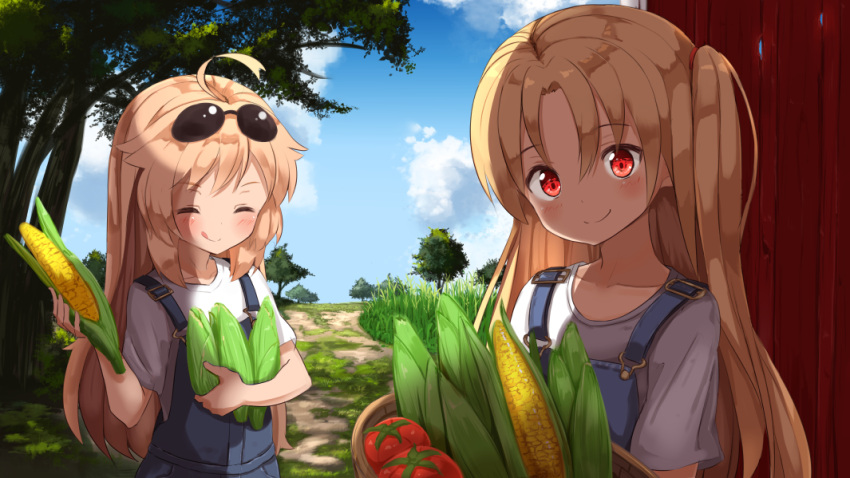2girls ahoge ame. azur_lane bangs blonde_hair blue_sky blush cleveland_(azur_lane) closed_mouth clouds commentary_request corn day eyebrows_visible_through_hair eyewear_on_head food hair_between_eyes head_tilt holding holding_food long_hair looking_at_viewer montpelier_(azur_lane) multiple_girls one_side_up outdoors overalls red_eyes shirt short_sleeves sky smile standing sunglasses tomato tree very_long_hair white_shirt