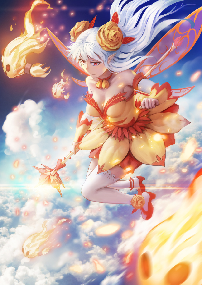 1girl absurdres bare_shoulders clouds dress fairy fairy_wings fire flying highres long_hair original pointy_ears red_eyes solo staff thigh-highs white_hair wings youguang_liangliang