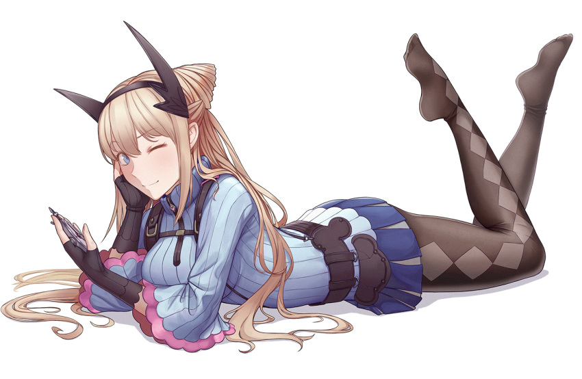 1girl argyle argyle_legwear blonde_hair blue_eyes cheshirrr chin_rest commentary english_commentary fingerless_gloves full_body gloves hairband long_hair looking_at_viewer lying on_stomach one_eye_closed pantyhose reiley_miller ribbed_sweater senjou_no_valkyria senjou_no_valkyria_4 simple_background skirt solo sweater white_background