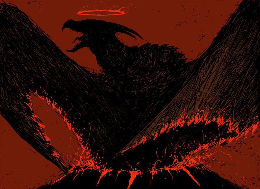 atomic-crusader bird_wings claws commentary fangs fire godzilla:_king_of_the_monsters godzilla_(series) halo horns kaijuu large_wings molten_rock monster no_humans open_mouth red_background rock rodan rodan_(godzilla:_king_of_the_monsters) scales sharp_teeth teeth volcano wings