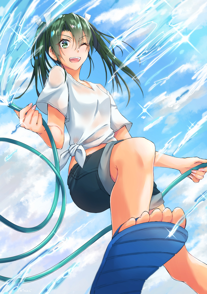 1girl absurdres alternate_costume bangs batabata0015 blue_footwear blue_shorts breasts casual clouds commentary_request day eyebrows_visible_through_hair eyes_visible_through_hair foot_up from_below green_eyes green_hair hair_between_eyes hair_ribbon highres hose kantai_collection looking_at_viewer looking_down nail_polish one_eye_closed pants pants_rolled_up pink_nails ribbon sandals see-through shirt short_sleeves shorts shorts_rolled_up sidelocks sky small_breasts solo summer tied_shirt twintails water wet wet_clothes white_ribbon white_shirt zuikaku_(kantai_collection)