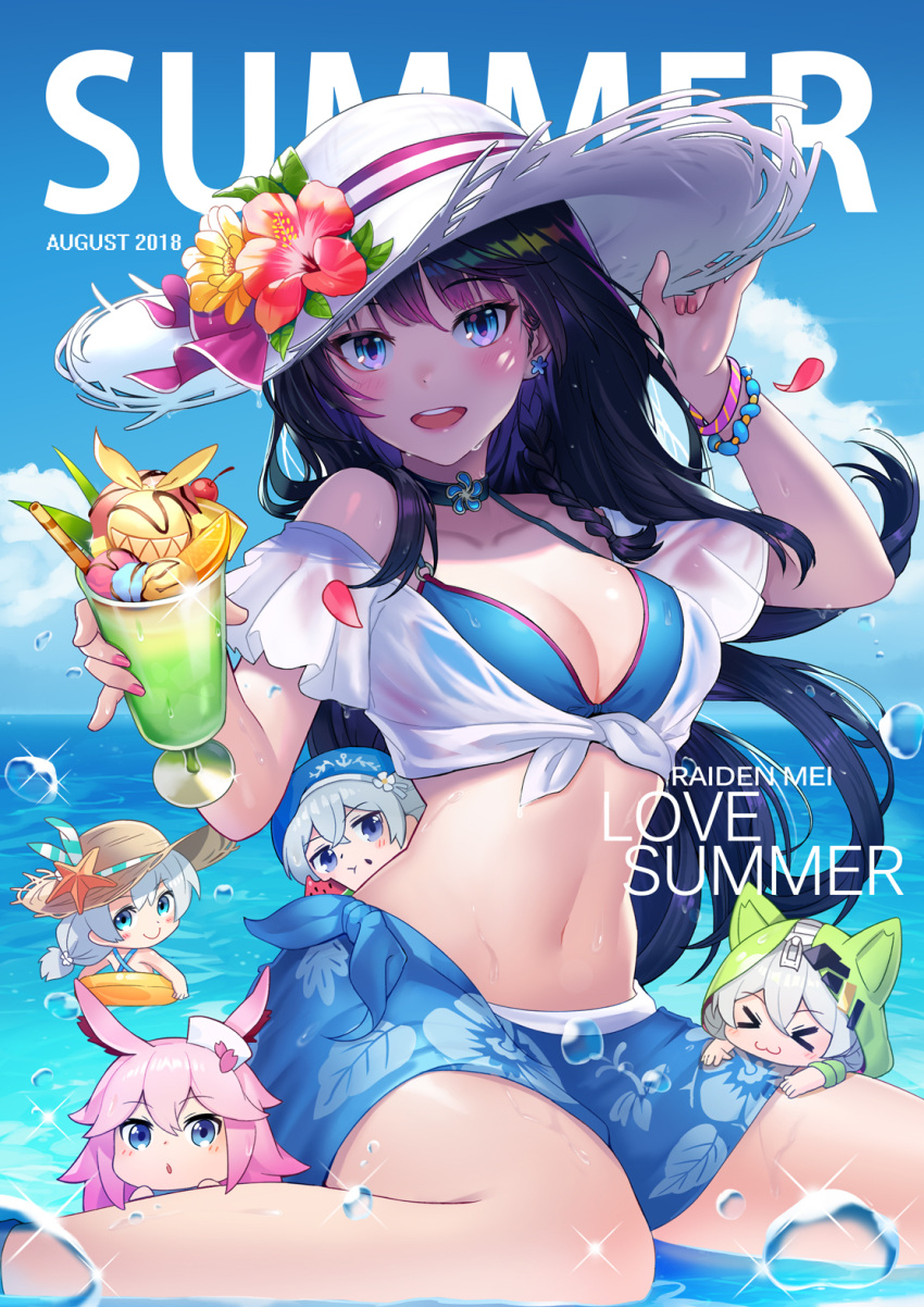 &gt;_&lt; 2018 5girls :3 animal_ears benghuai_xueyuan beret bikini blue_bikini blue_eyes blue_hair blue_sky blush bracelet braid breasts character_name chibi cleavage clouds day english flower food front-tie_top hair_between_eyes hat hat_flower highres holding honkai_impact hood hoodie horizon ice_cream innertube jewelry kallen_kaslana kiana_kaslana long_hair looking_at_viewer medium_breasts midriff multiple_girls navel ocean outdoors pink_hair rabbit_ears raiden_mei sarong shirt silver_hair sitting sky smile starry-hp summer sun_hat swimsuit theresa_apocalypse wariza water wet wet_clothes wet_shirt yae_sakura_(benghuai_xueyuan)