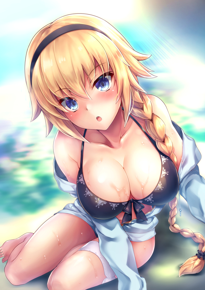 1girl alternate_costume bare_arms bare_legs bare_shoulders bikini blonde_hair blue_bikini blue_eyes blurry blurry_background blush braid breasts cleavage collarbone commentary_request eyebrows_visible_through_hair fate/grand_order fate_(series) front-tie_top hair_over_shoulder halterneck highres jeanne_d'arc_(fate) jeanne_d'arc_(fate)_(all) large_breasts lips long_braid long_hair looking_at_viewer navel parted_lips revision samoore side-tie_bikini single_braid sitting solo swimsuit thighs very_long_hair