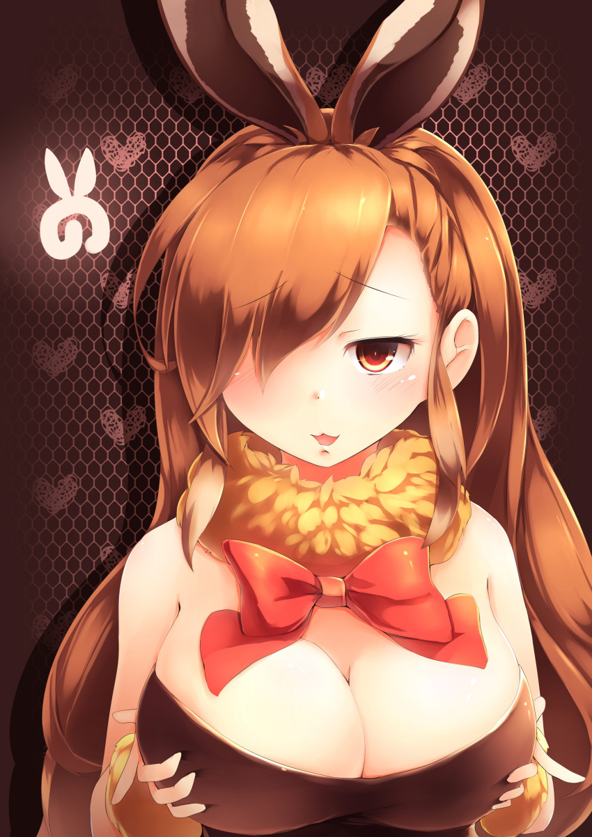 1girl :3 absurdres animal_ears bare_shoulders blush bow bowtie breast_hold breasts brown_eyes brown_hair cleavage commentary_request european_hare_(kemono_friends) fur_collar hair_over_one_eye highres japari_symbol kanzakietc kemono_friends large_breasts long_hair looking_at_viewer rabbit_ears red_neckwear solo upper_body