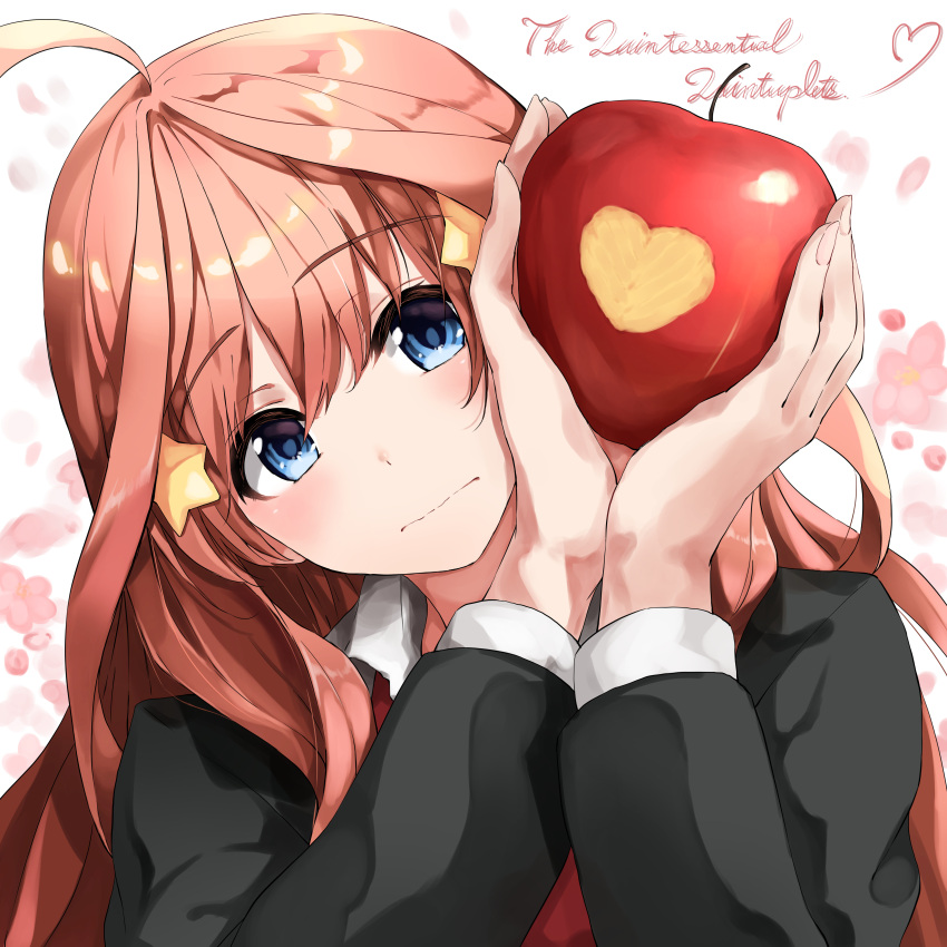 1girl absurdres ahoge apple black_jacket blue_eyes blush closed_mouth commentary_request fingernails food fruit fuu_(fuore) go-toubun_no_hanayome hair_ornament hands_up head_tilt heart highres holding jacket long_hair looking_at_viewer nakano_itsuki pink_hair red_apple red_neckwear school_uniform solo star star_hair_ornament upper_body