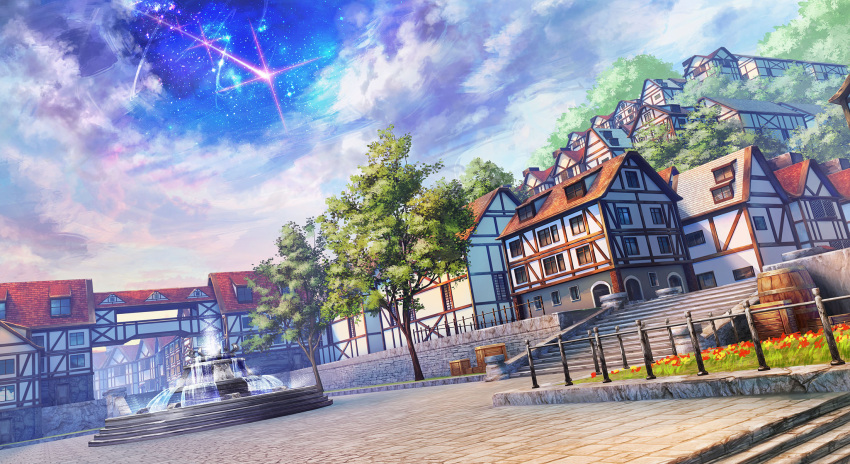 barrel clouds crate fountain highres no_humans original rapt_(47256) scenery stairs star_(sky) town tree window