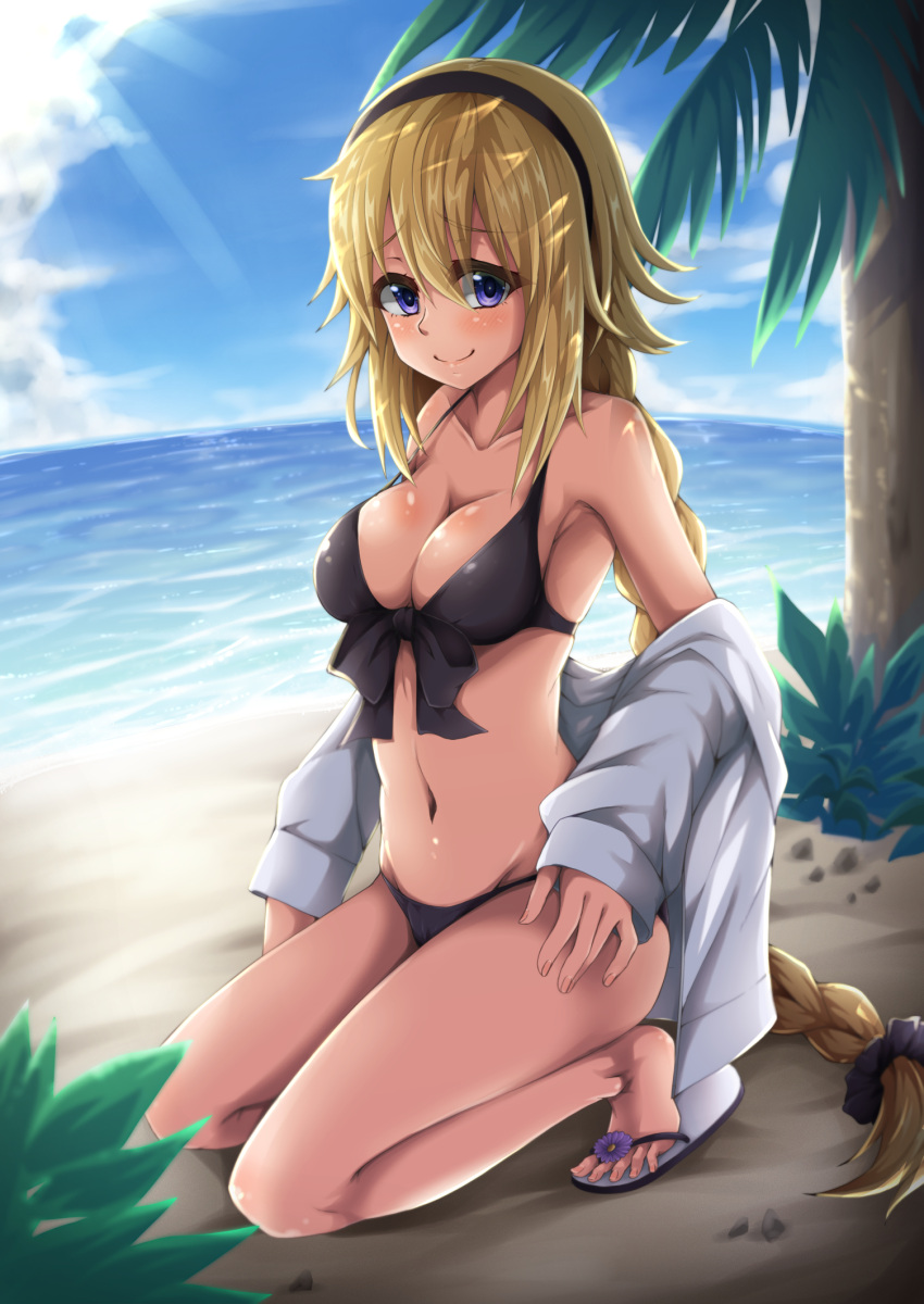 1girl beach bikini black_bikini black_bow black_hairband black_scrunchie blonde_hair blue_eyes blue_sky blush bow braid breasts cleavage clothes_down clouds collarbone day eyebrows_visible_through_hair fate/grand_order fate_(series) front-tie_bikini front-tie_top full_body grey_jacket hair_between_eyes hair_ornament hair_scrunchie hairband highres ippachi jacket jeanne_d'arc_(fate)_(all) jeanne_d'arc_(swimsuit_archer) kneeling long_hair looking_at_viewer medium_breasts ocean open_clothes open_jacket outdoors palm_tree scrunchie single_braid sky smile solo sunlight swimsuit tree very_long_hair