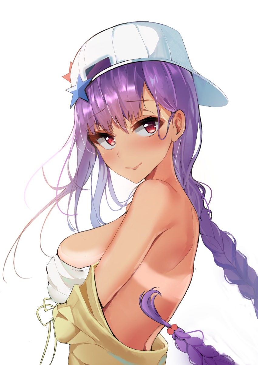 1girl absurdres bb_(fate)_(all) bb_(swimsuit_mooncancer)_(fate) blush braid breasts closed_mouth eyebrows_visible_through_hair fate/grand_order fate_(series) hat highres k1np large_breasts long_hair purple_hair red_eyes simple_background single_braid solo star swimsuit tan tanline upper_body white_background white_hat