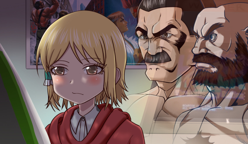 1girl 2boys bangs beard blonde_hair blue_eyes blush body_hair brown_eyes brown_hair chest_hair closed_mouth collarbone collared_shirt commentary_request dress_shirt eyebrows_visible_through_hair facial_hair fading final_fight hidaka_koharu high_score_girl hood hood_down hooded_jacket indoors jacket mike_haggar mohawk multiple_boys muscle mustache poster_(object) red_jacket shirt shirtless street_fighter taka_(takahirokun) v-shaped_eyebrows white_shirt zangief